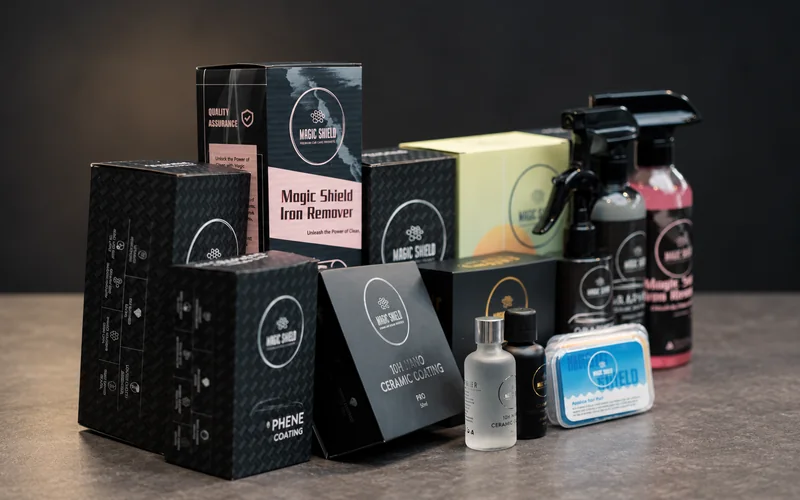 Magic Shield prep, coating and care products arranged on a stone tabletop