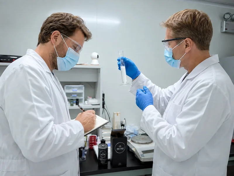 AI-generated scene of two scientists reviewing a coating sample and recording notes at a lab bench.
