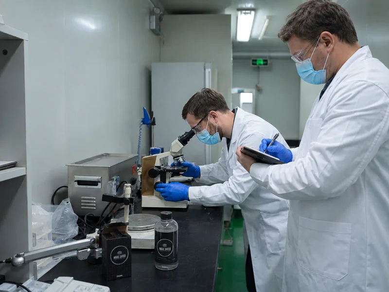 AI-generated scene of a scientist working at a microscope while a colleague records notes.