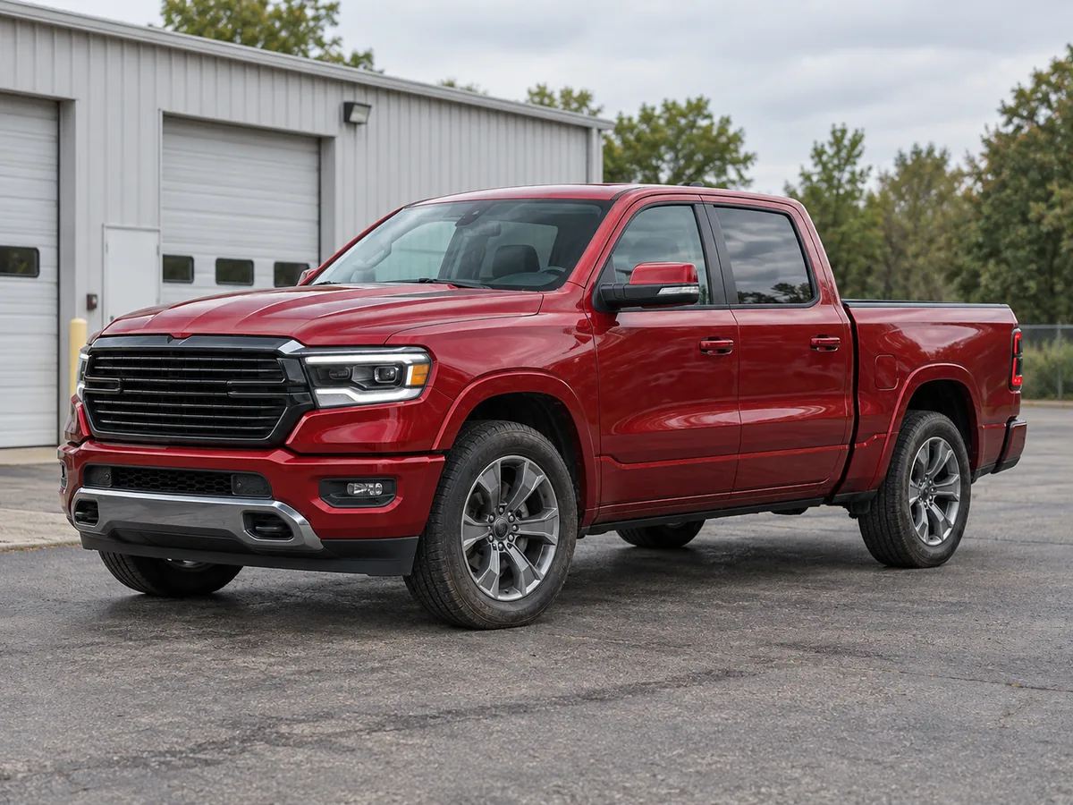 Illustration of a red pickup outside a detailing garage