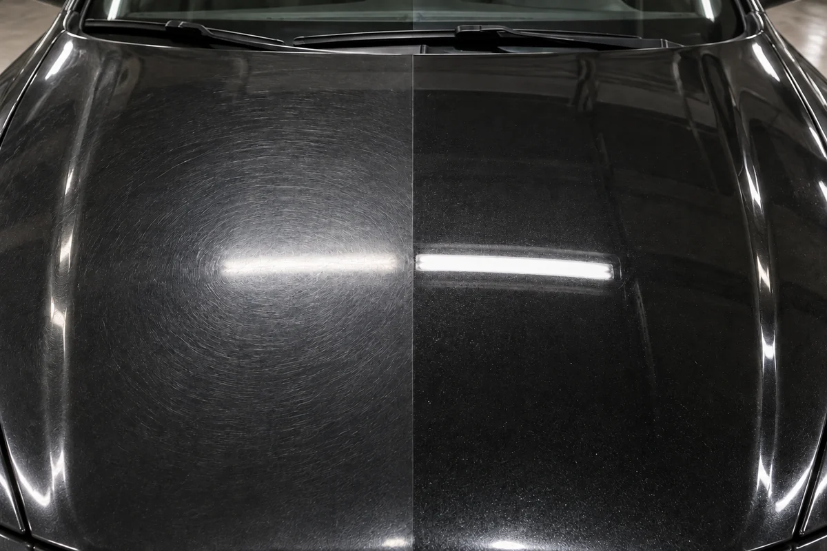 AI-generated comparison: visible wash swirls on the left and an illustrated smoother-looking finish on the right