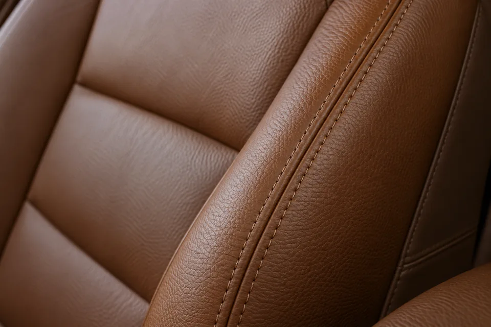Close-up of brown automotive leather with natural grain and stitching