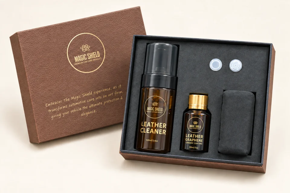 Magic Shield Leather Cleaner, Leather Graphene Ceramic Coating and applicator in the open kit
