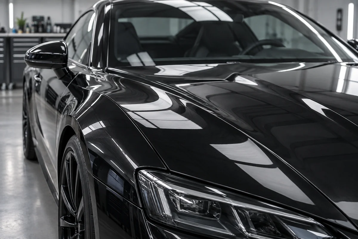 Illustration of crisp reflections on glossy black vehicle paint