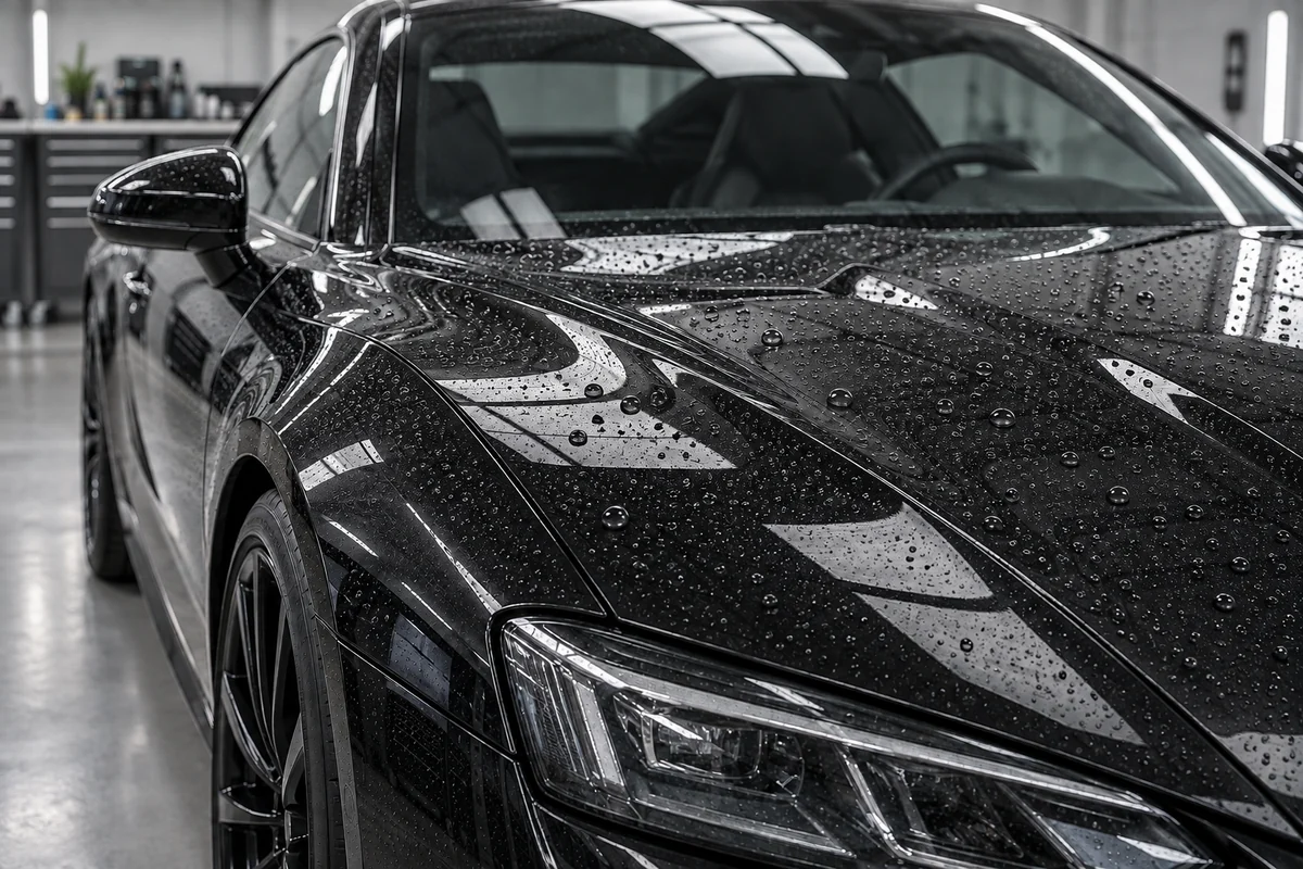 Matching illustration of water beading on wet black vehicle paint