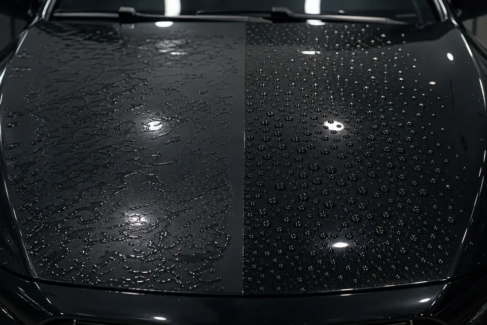 Before and after hydrophobic water beading result on black car hood