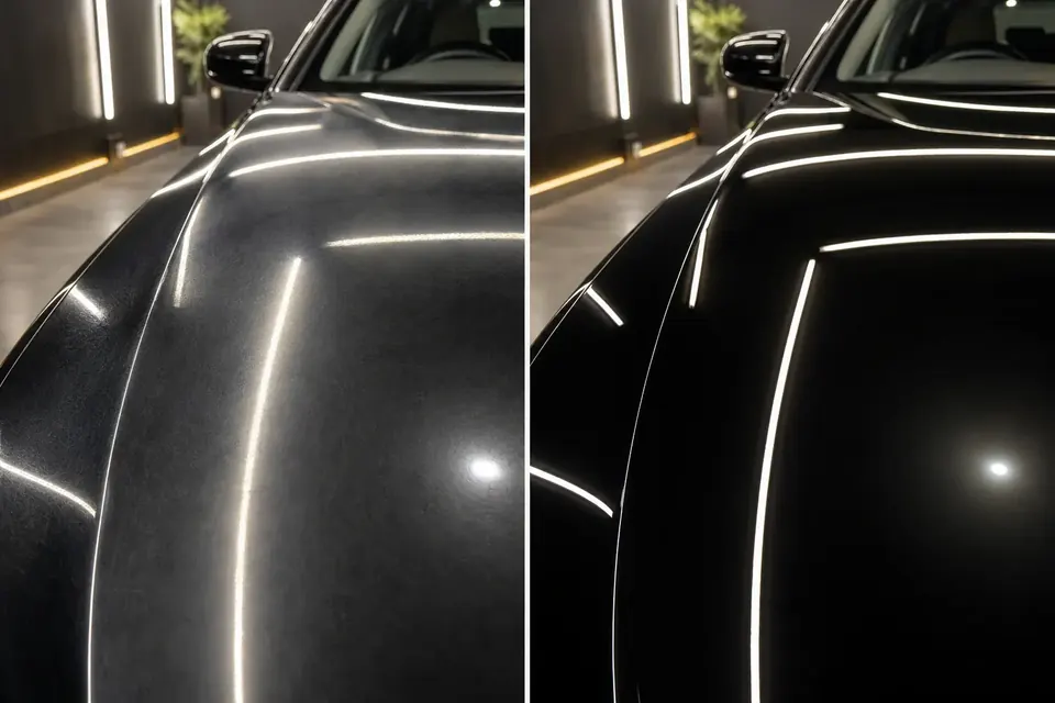 Before and after premium black car surface revival and gloss enhancement