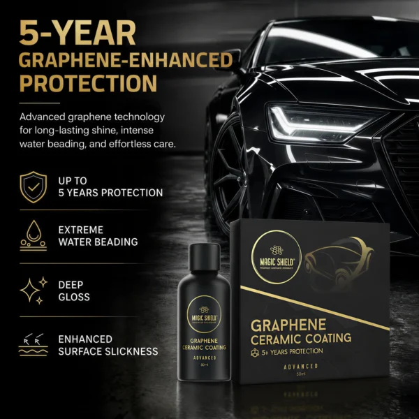 Magic Shield Graphene Ceramic Coating beside a glossy black car