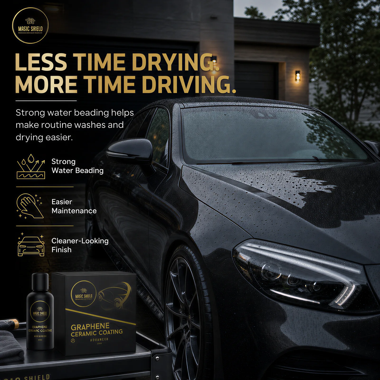 Glossy black car with water beading after graphene coating