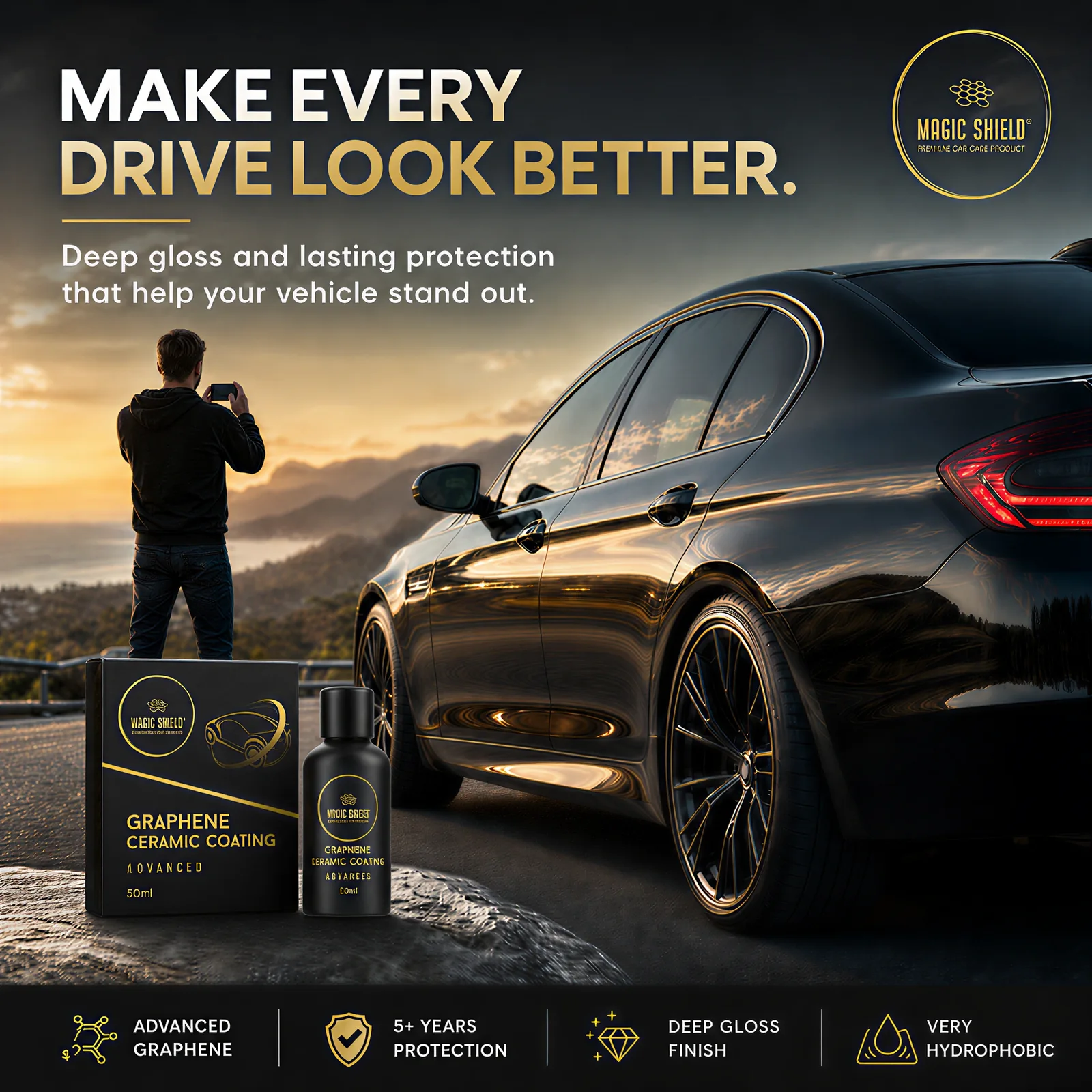 Glossy black car protected with Graphene Ceramic Coating on a scenic drive
