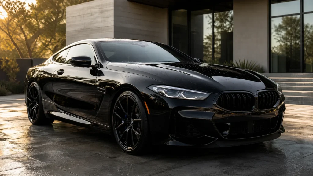 Mirror-gloss black performance car protected with ceramic coating in warm evening light