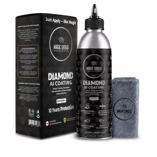 Magic Shield Diamond AI car coating bottle beside glossy black paint