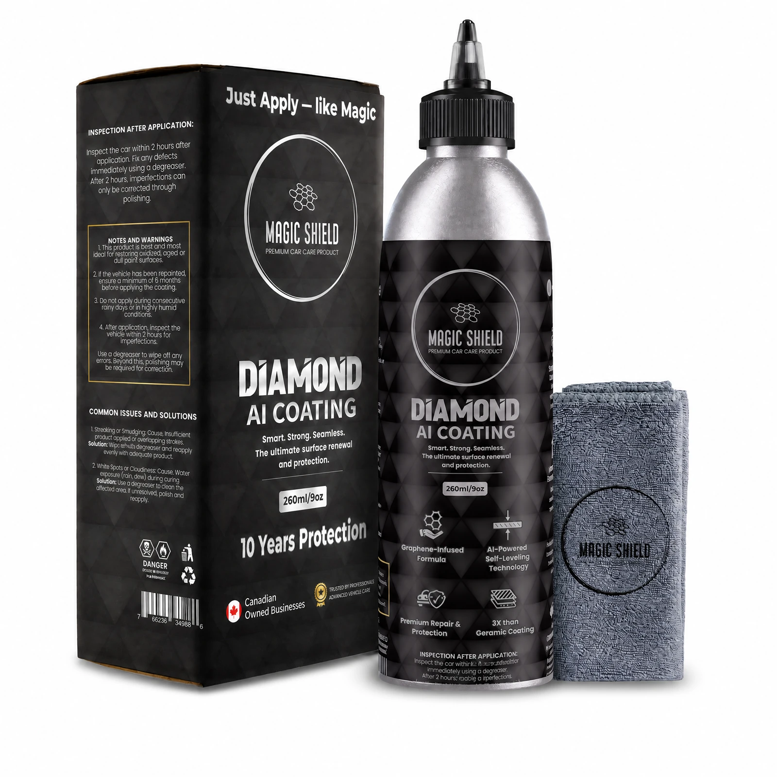 Magic Shield Diamond AI car coating bottle beside glossy black paint