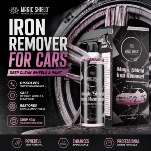 Purple iron remover reacting on contaminated car wheel