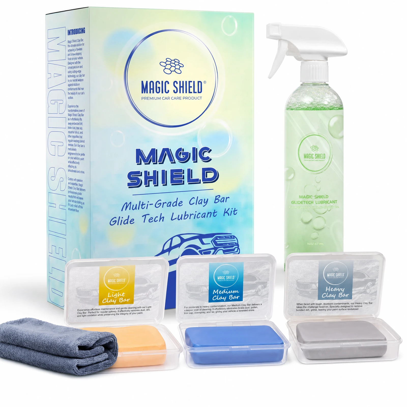 Magic Shield complete Clay Bar Kit with GlideTech lubricant, towel and three clay grades