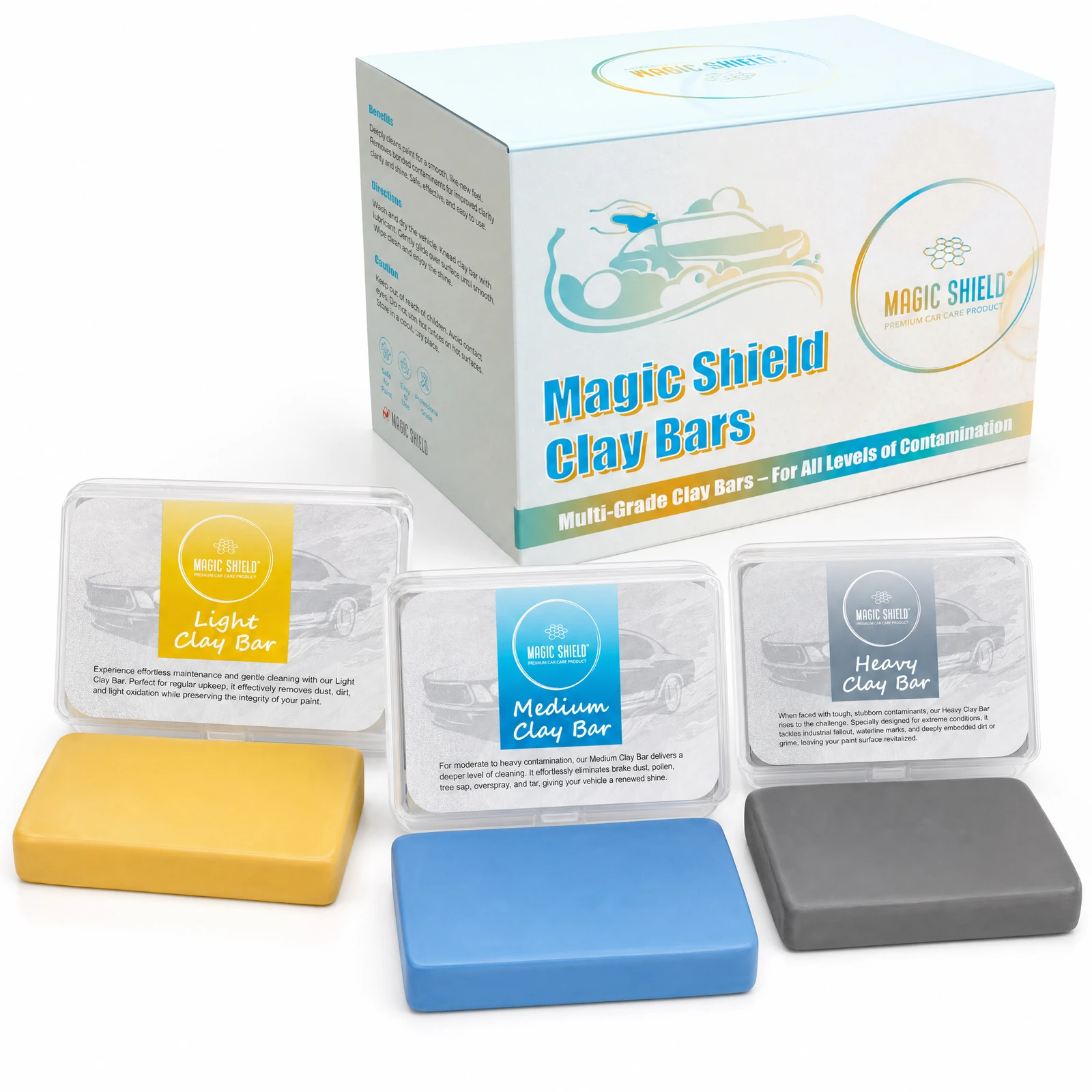 Magic Shield Triple Clay Bar Pack with light, medium and heavy grades