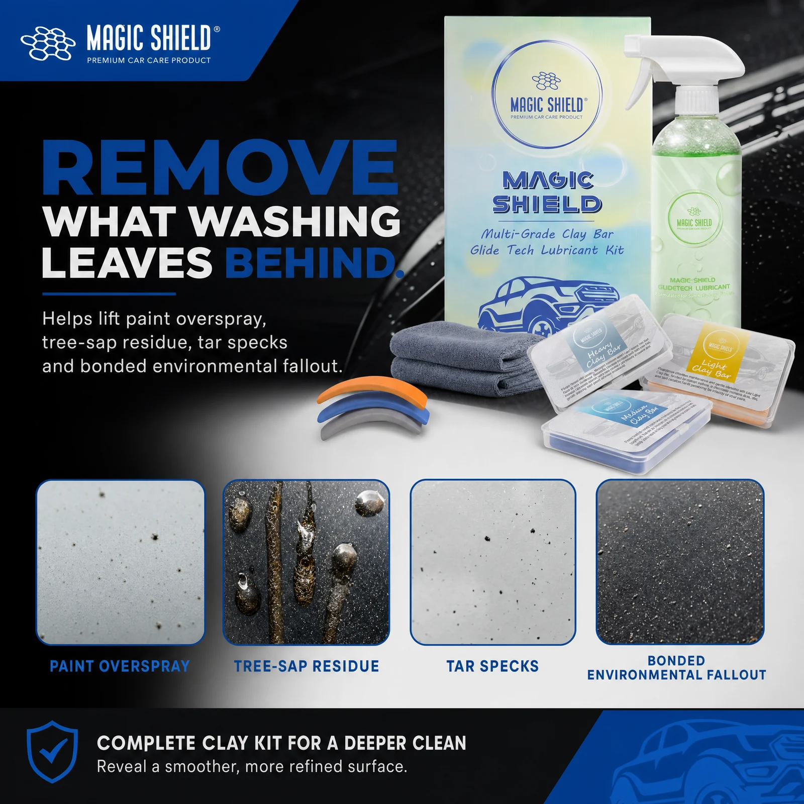 Paint overspray, tree-sap residue, tar specks and bonded fallout removed by the Magic Shield Clay Bar Kit