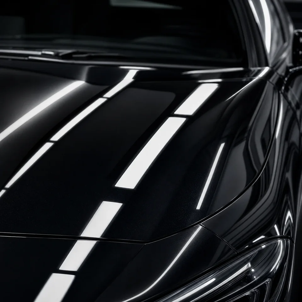 Illustration of crisp light reflections across glossy dark vehicle paint