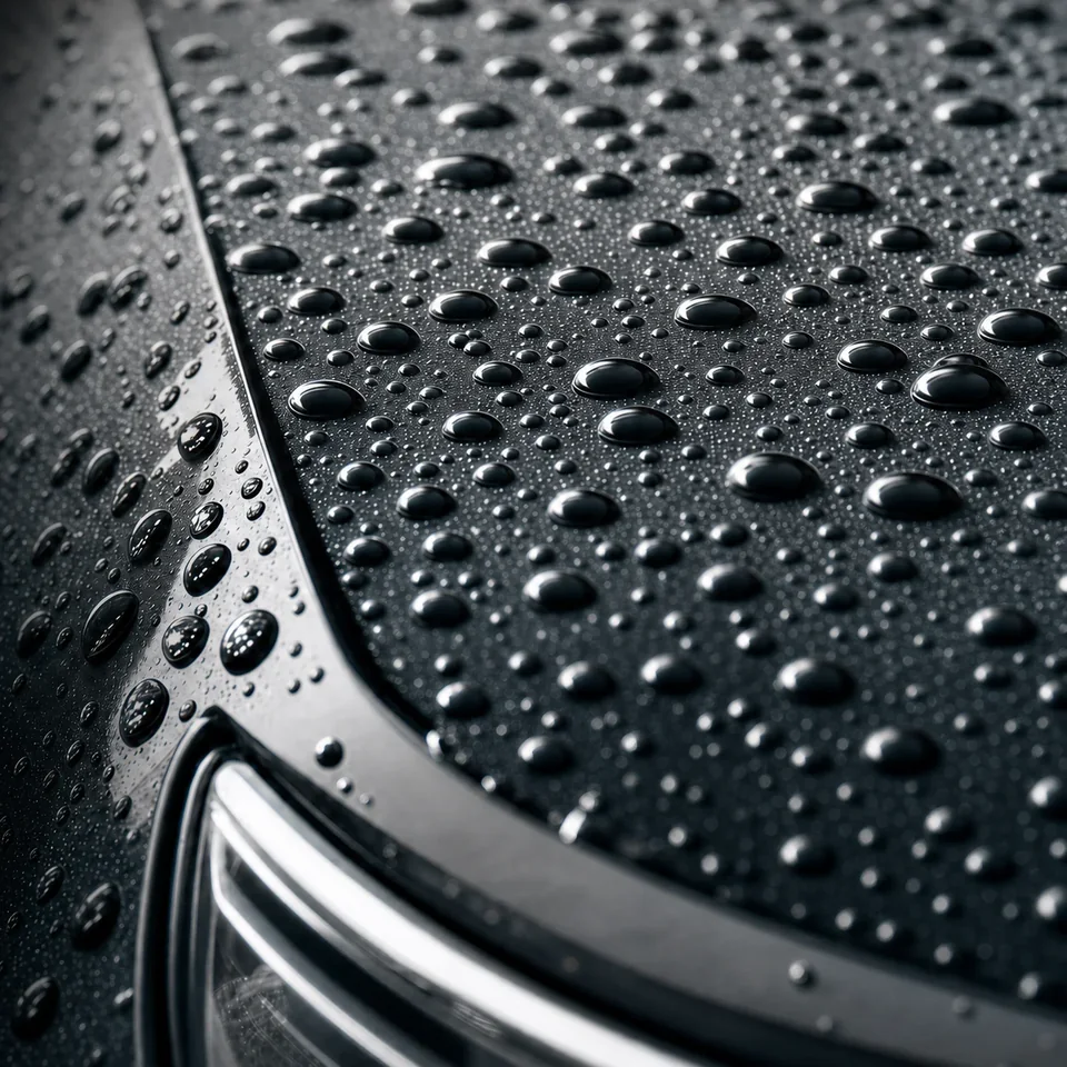 Illustration of water beading on a dark vehicle hood