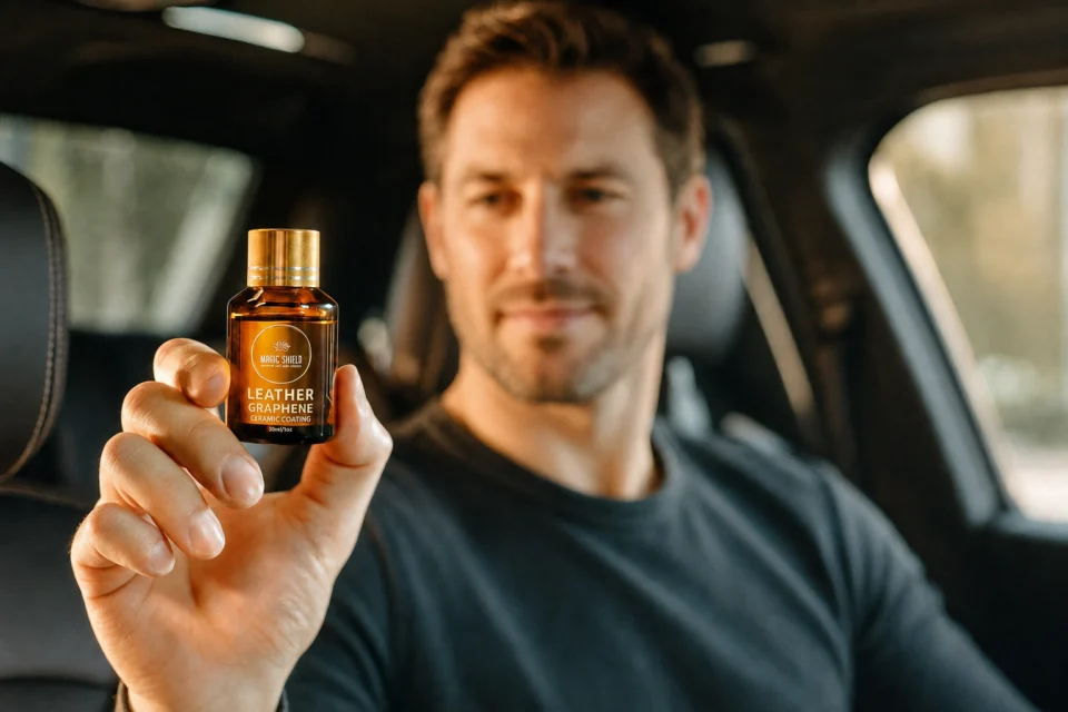 Magic Shield Leather Graphene Ceramic Coating held by a professional detailer inside a vehicle