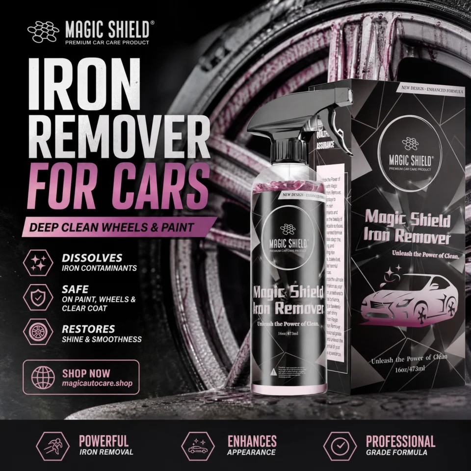 Purple iron remover reacting on contaminated car wheel