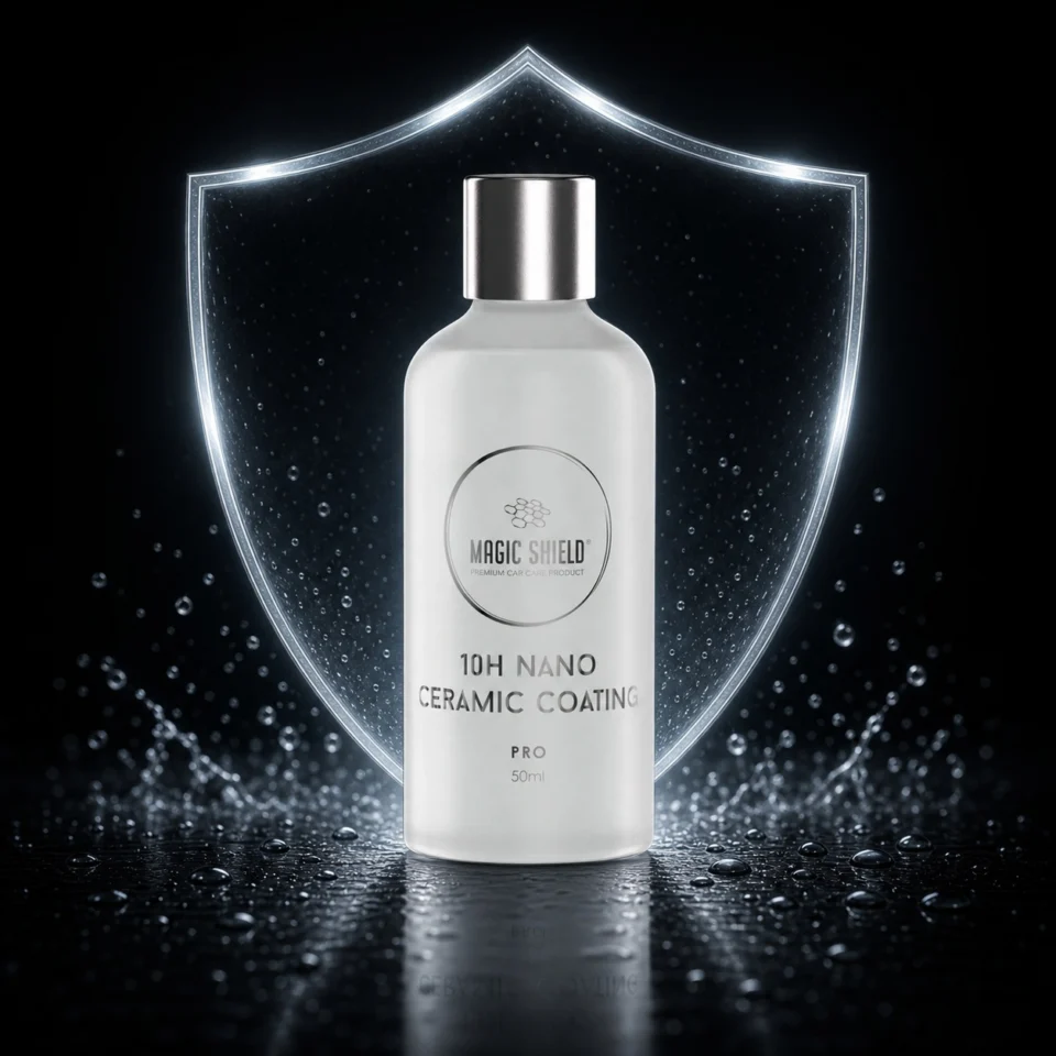 Magic Shield Ceramic Coating PRO 10H bottle with a silver shield backdrop